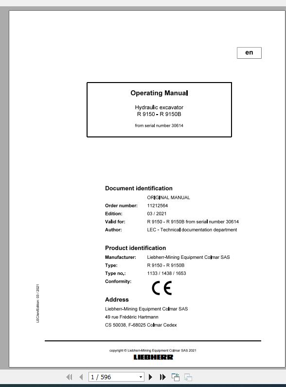 Liebherr Mining Crawler Excavators R9150 1133 1653 30614 Operating Manual 03 2021 1