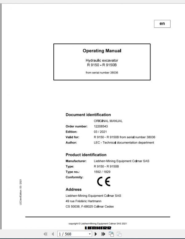 Liebherr Mining Crawler Excavators R9150 1592 1829 38036 Operating Manual 03 2021 1