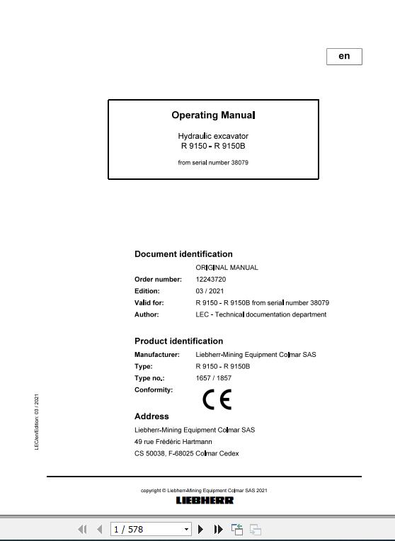 Liebherr Mining Crawler Excavators R9150 1657 1857 38079 Operating Manual 03 2021 1