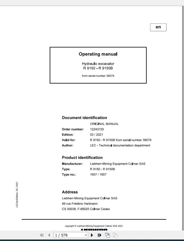 Liebherr Mining Crawler Excavators R9150 US 1657 1857 38079 Operating Manual 03 2021 1