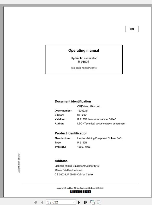 Liebherr Mining Crawler Excavators R9150B US 1865 1956 38148 Operating Manual 03 2021 1