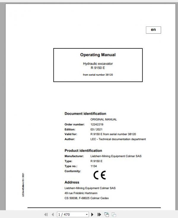 Liebherr Mining Crawler Excavators R9150E 1134 38120 Operating Manual 03 2021 1