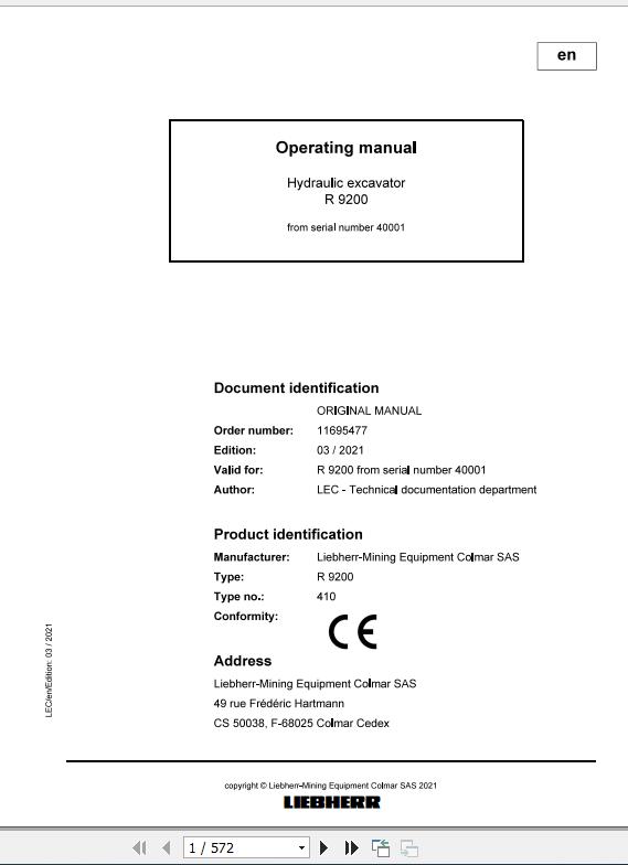 Liebherr Mining Crawler Excavators R9200 410 40001 Operating Manual 03 2021 1