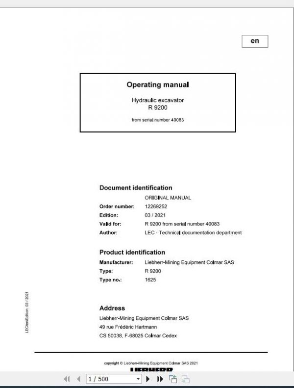 Liebherr Mining Crawler Excavators R9200 US 1625 40083 Operating Manual 03 2021 1