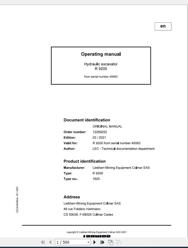 Liebherr Mining Crawler Excavators R9200 US 1625 40083 Operating Manual 03 2021 1