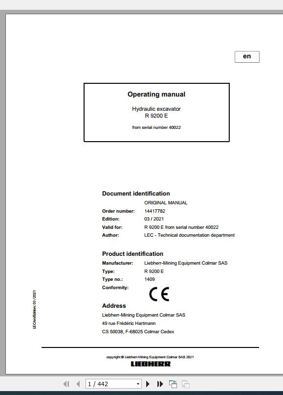 Liebherr Mining Crawler Excavators R9200E 1409 40022 Operating Manual 03 2021 1