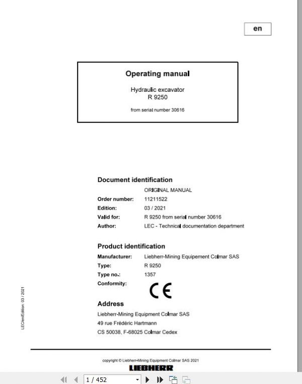 Liebherr Mining Crawler Excavators R9250 1357 30616 Operating Manual 03 2021 1