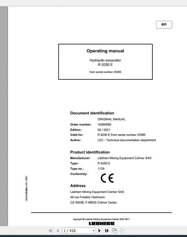 Liebherr Mining Crawler Excavators R9250E 1129 25385 Operating Manual 03 2021 1