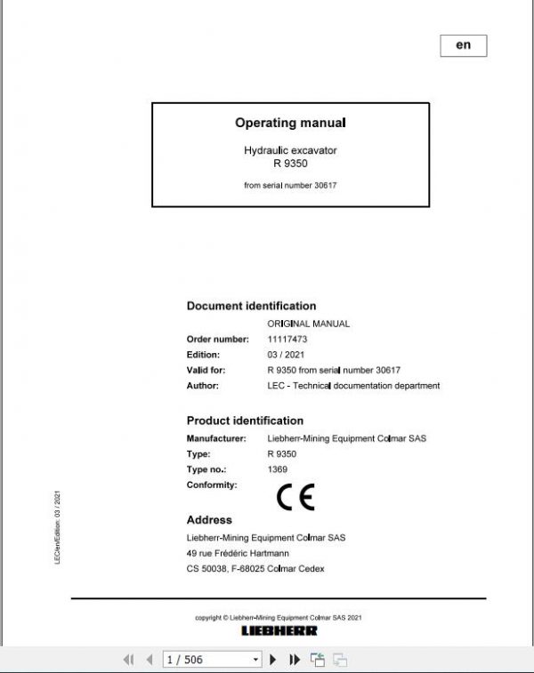 Liebherr Mining Crawler Excavators R9350 1369 30617 Operating Manual 03 2021 1