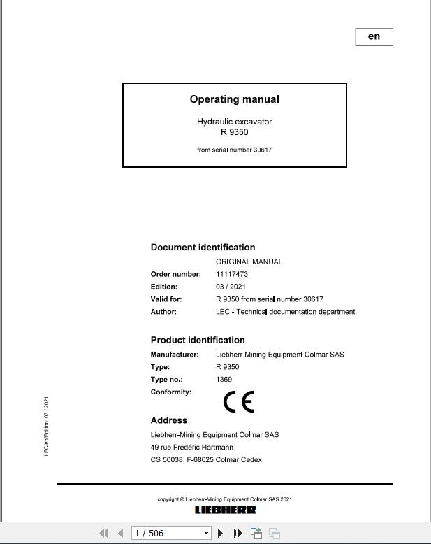 Liebherr Mining Crawler Excavators R9350 1369 30617 Operating Manual 03 2021 1