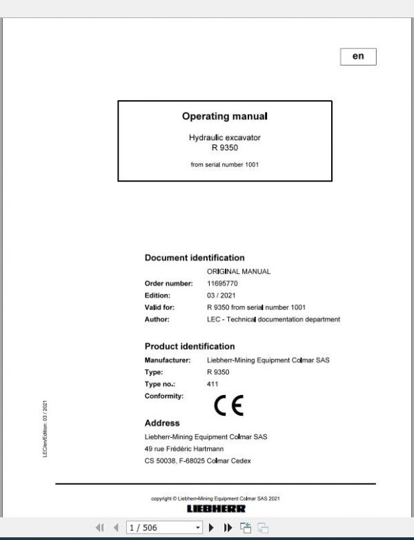 Liebherr Mining Crawler Excavators R9350 411 1001 Operating Manual 03 2021 1