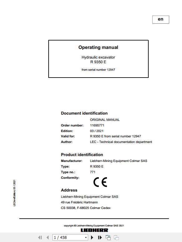 Liebherr Mining Crawler Excavators R9350E 771 12947 Operating Manual 03 2021 1