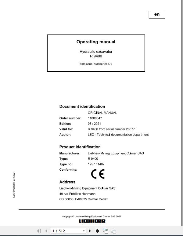 Liebherr Mining Crawler Excavators R9400 1257 1407 26377 Operating Manual 03 2021 1