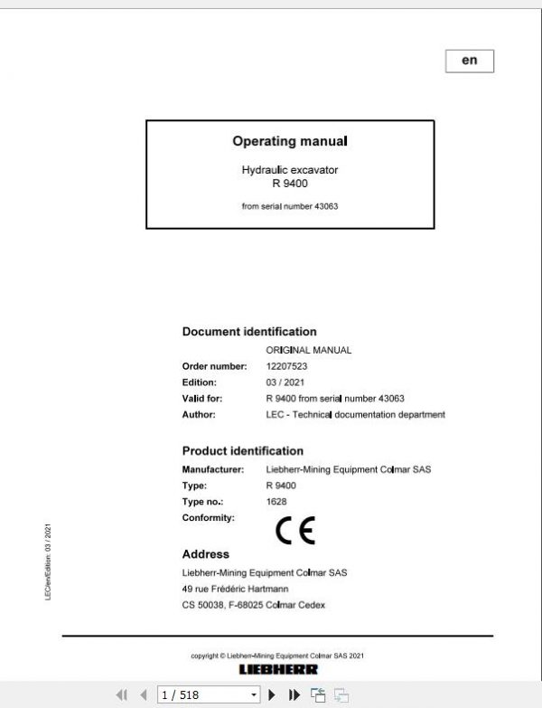 Liebherr Mining Crawler Excavators R9400 1628 43063 Operating Manual 03 2021 1