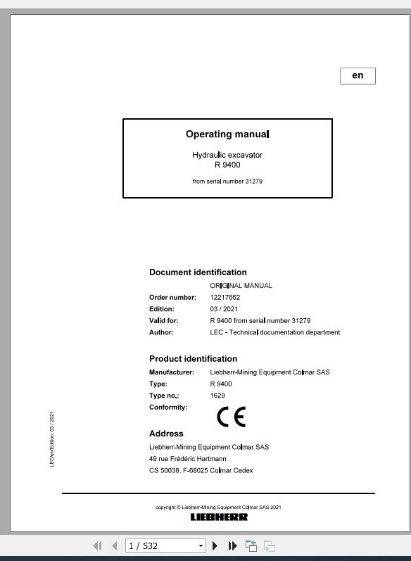 Liebherr Mining Crawler Excavators R9400 1629 31279 Operating Manual 03 2021 1