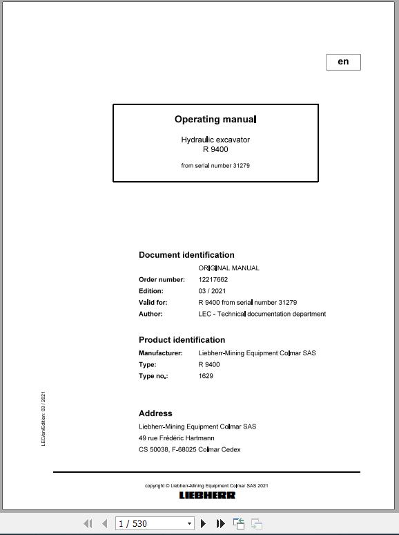 Liebherr Mining Crawler Excavators R9400 US 1629 31279 Operating Manual 03 2021 2