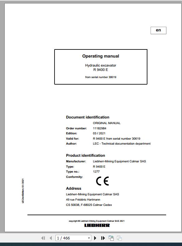 Liebherr Mining Crawler Excavators R9400E 1277 30619 Operating Manual 03 2021 1
