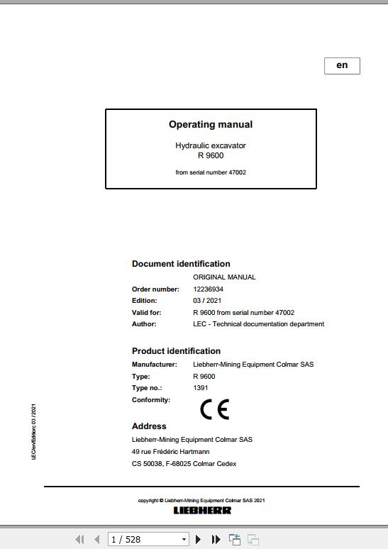 Liebherr Mining Crawler Excavators R9600 1391 47002 Operating Manual 03 2021 1