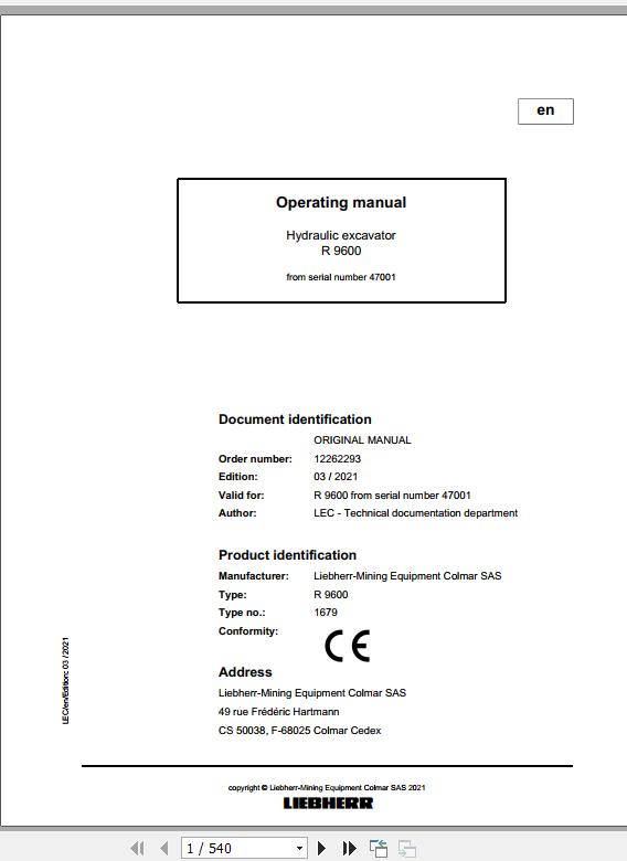 Liebherr Mining Crawler Excavators R9600 1679 47001 Operating Manual 03 2021 1