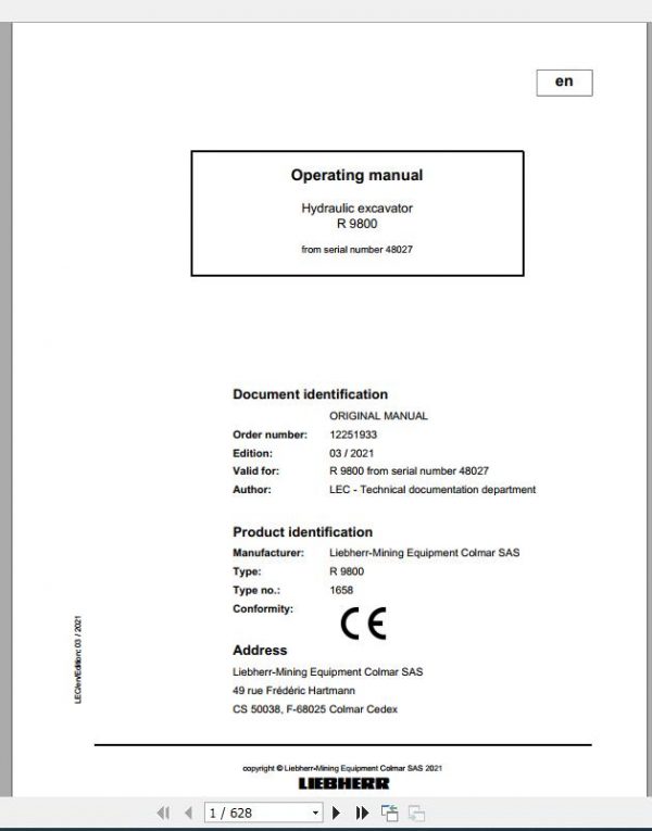Liebherr Mining Crawler Excavators R9800 1658 48027 Operating Manual 03 2021 1