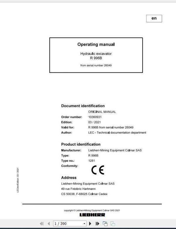 Liebherr Mining Crawler Excavators R996B 1281 26049 Operating Manual EN 03 2021 3