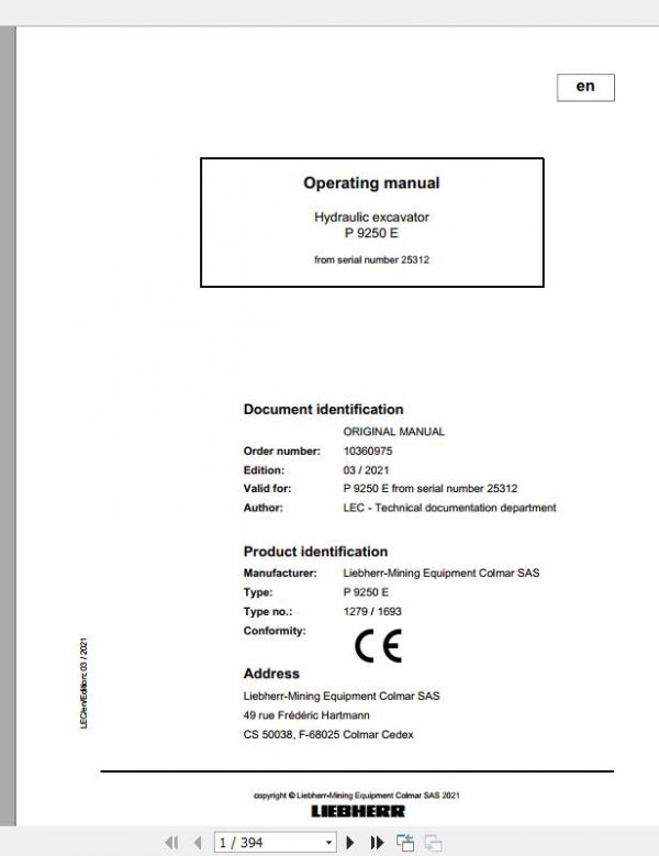 Liebherr Mining Pontoon Excavators P9250E 1279 1693 25312 Operating Manual 03 2021 1