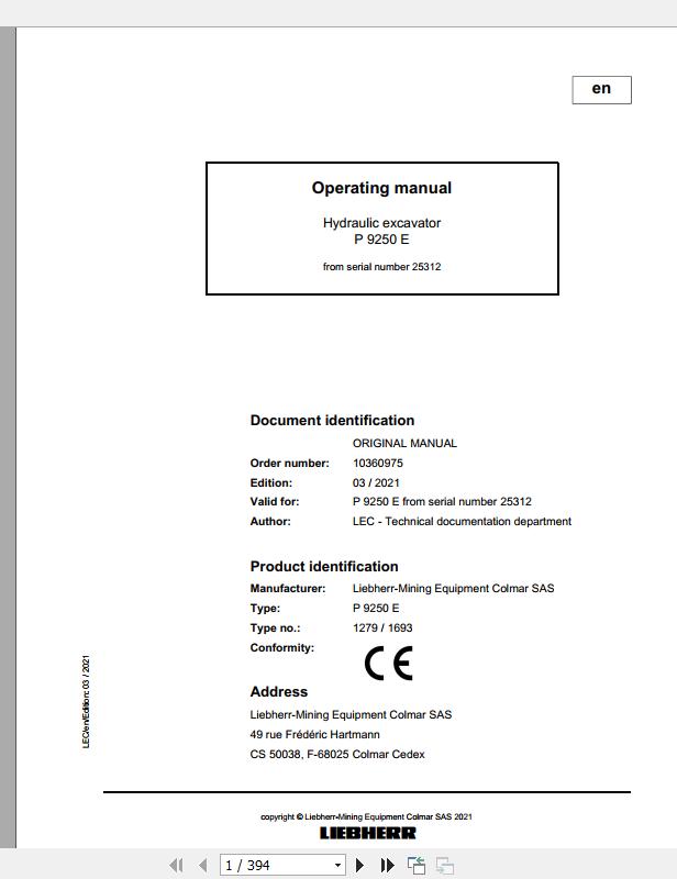 Liebherr Mining Pontoon Excavators P9250E 1279 1693 25312 Operating Manual 03 2021 1