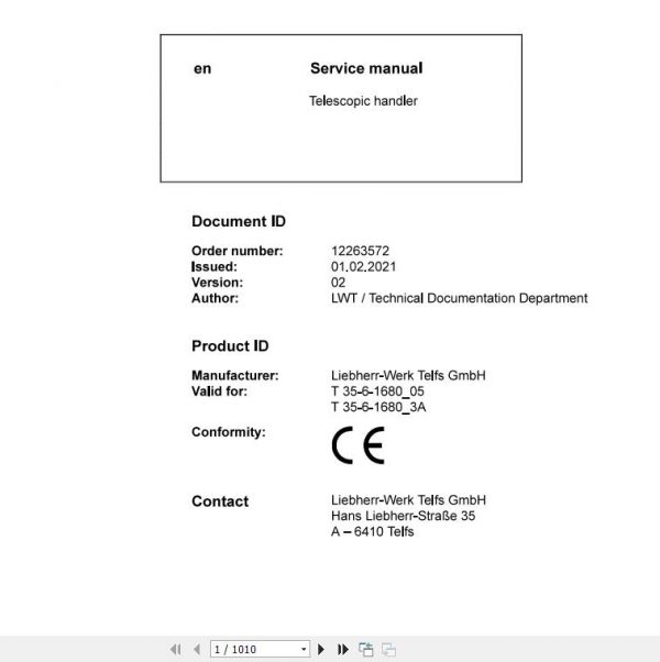 Liebherr Telecospic Handler T 35 6 1680 3A 05 20156 Service Manual 1