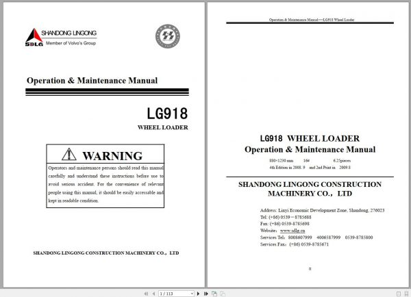 SDLG Wheel Loader LG918 Operation Maintenance Manual 1