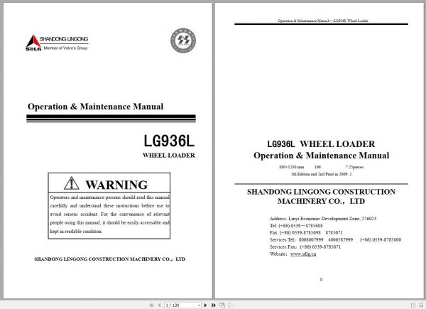 SDLG Wheel Loader LG936L Operation Maintenance Manual 1