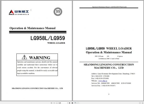 SDLG Wheel Loader LG958 LG959 Operation Maintenance Manual 1