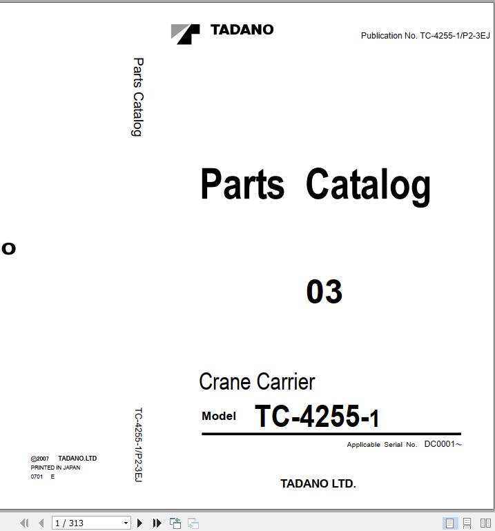 Tadano Carrier Crane TC 4255 1 P2 3EJ Parts Catalog ENJP 1