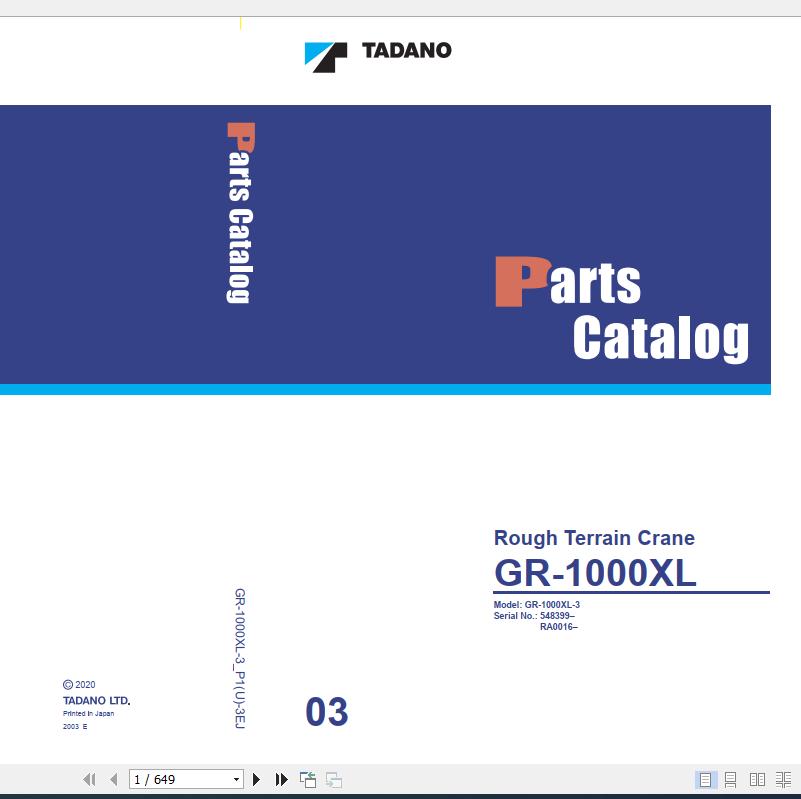 Tadano Rough Terrain Crane GR 1000XL 3 P1U 3EJ Parts Catalog ENJP 1