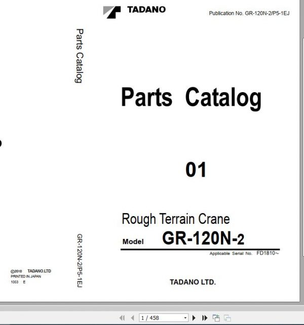 Tadano Rough Terrain Crane GR 120N 2 P5 1EJ Parts Catalog ENJP 1