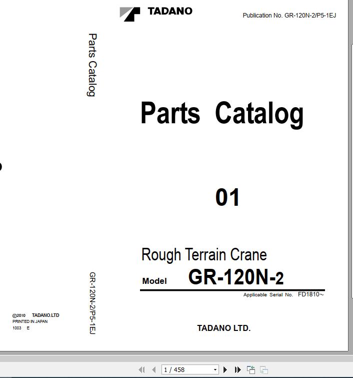Tadano Rough Terrain Crane GR 120N 2 P5 1EJ Parts Catalog ENJP 1