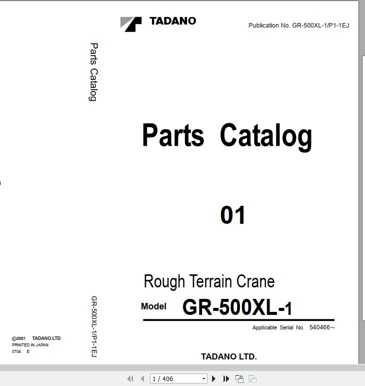 Tadano Rough Terrain Crane GR 500XL 1 P1 1EJ Parts Catalog ENJP 1