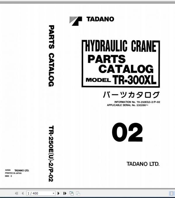 Tadano Rough Terrain Crane TR 250EU 2 P 02 Parts Catalog EN 1