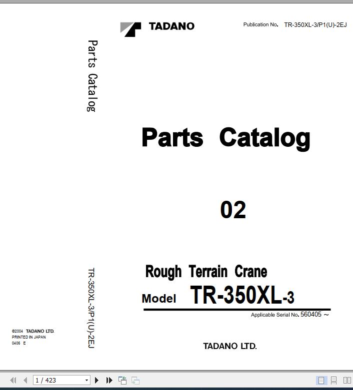 Tadano Rough Terrain Crane TR 350XL 3 P1U 2EJ Parts Catalog ENJP 1