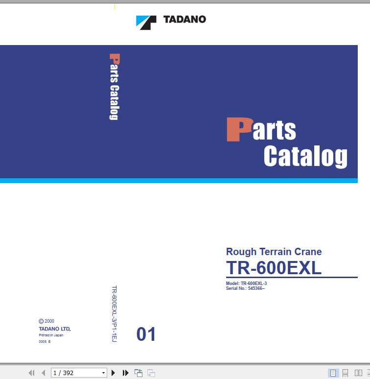 Tadano Rough Terrain Crane TR 600EXL 3 P1 1EJ Parts Catalog ENJP 1
