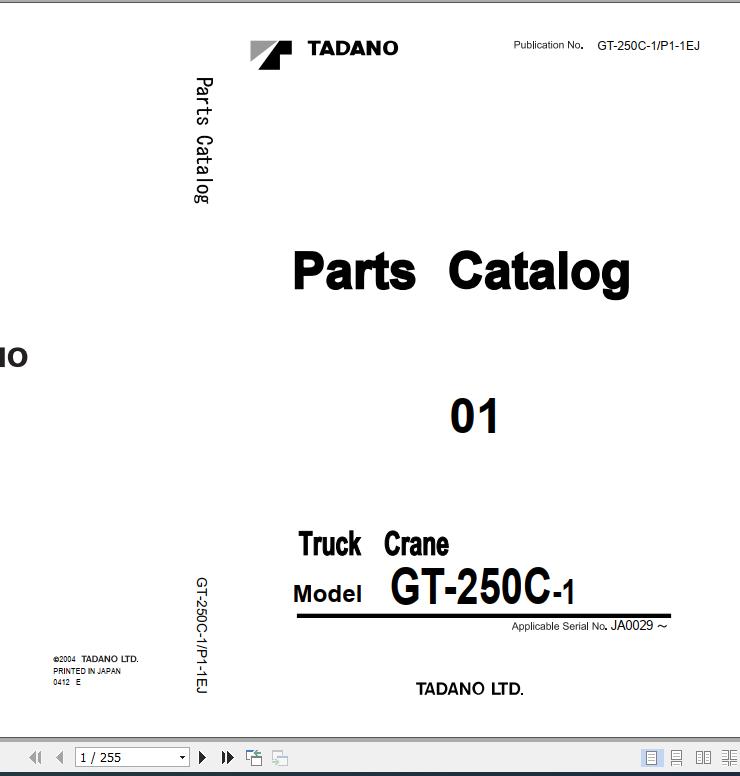 Tadano Truck Crane GT 250C 1 P1 1EJ Parts Catalog ENJP 1