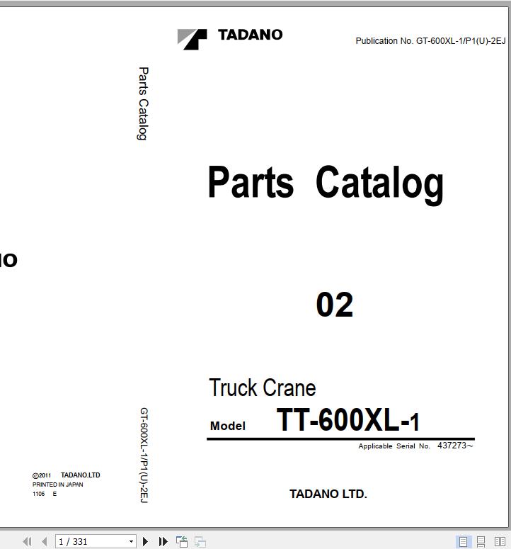 Tadano Truck Crane GT 600XL 1 P1U 2EJ Parts Catalog ENJP 1