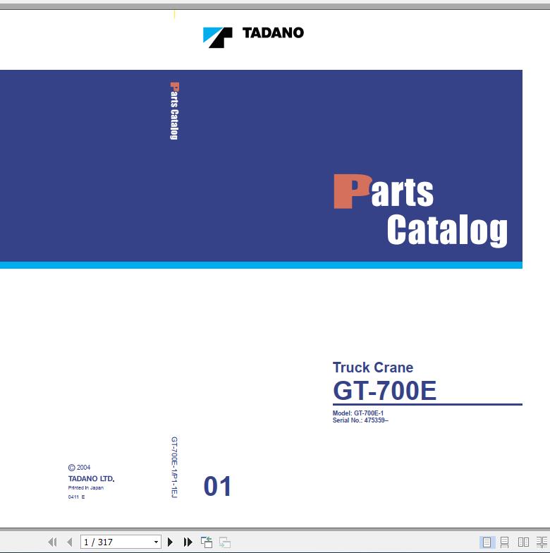 Tadano Truck Crane GT 700E 1 P1 1EJ Parts Catalog ENJP 1