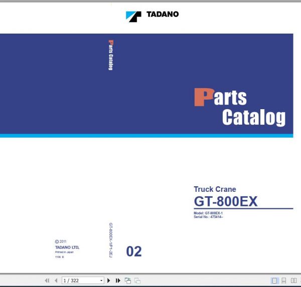 Tadano Truck Crane GT 800EX 1 P1 2EJ Parts Catalog ENJP 1