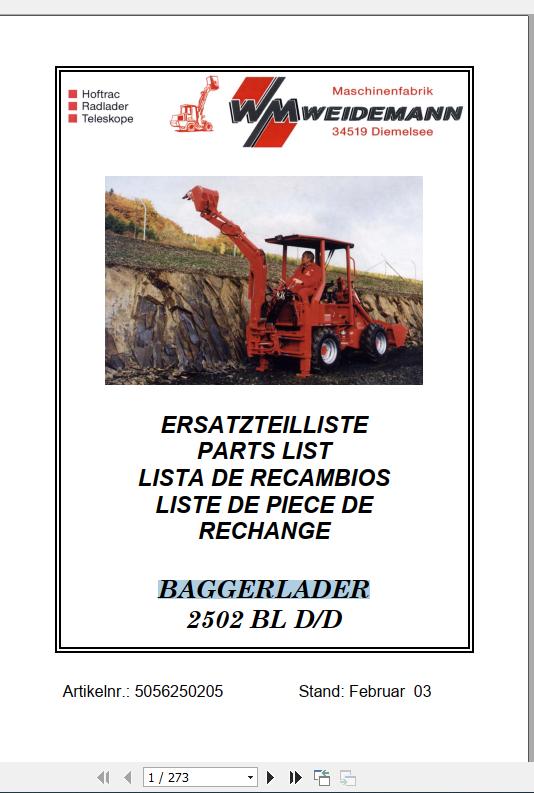 Weidemann Backhoe Loader 2502 BL DD Spare Part List 1