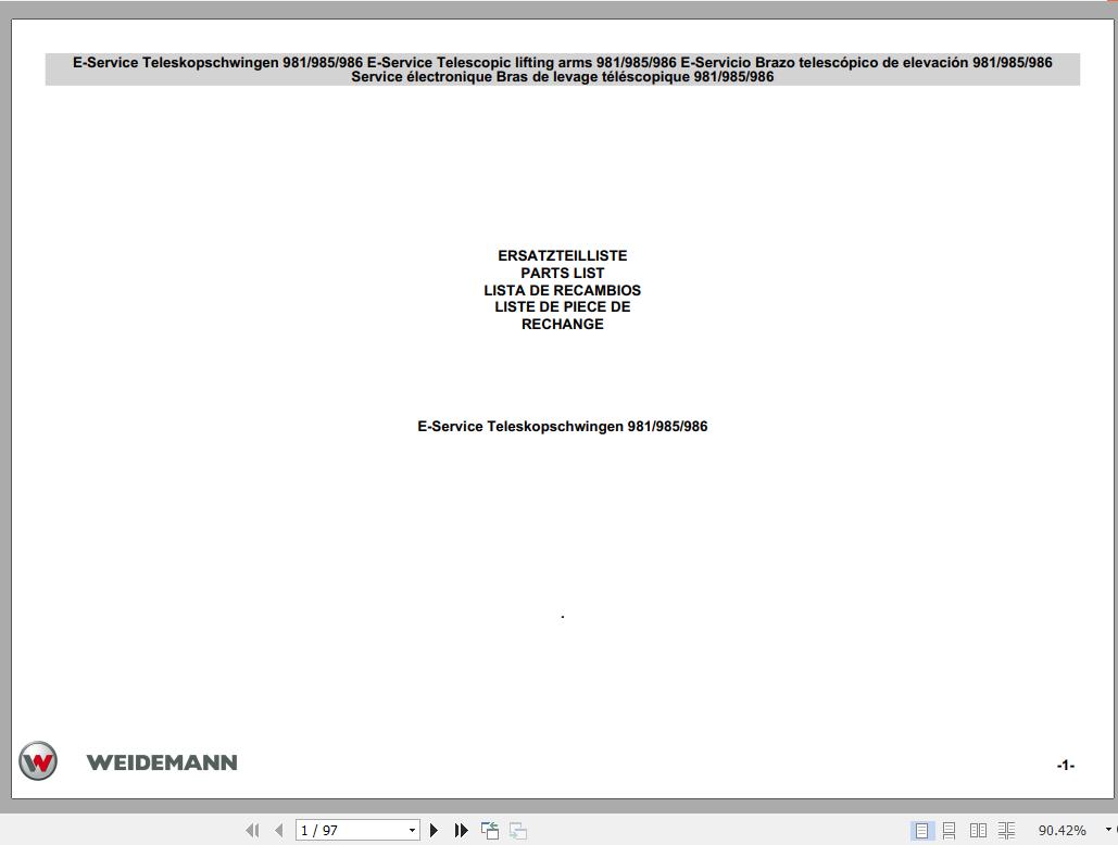 Weidemann E Service Telescopic Lifting Arms 981 985 986 Spare Part List 1