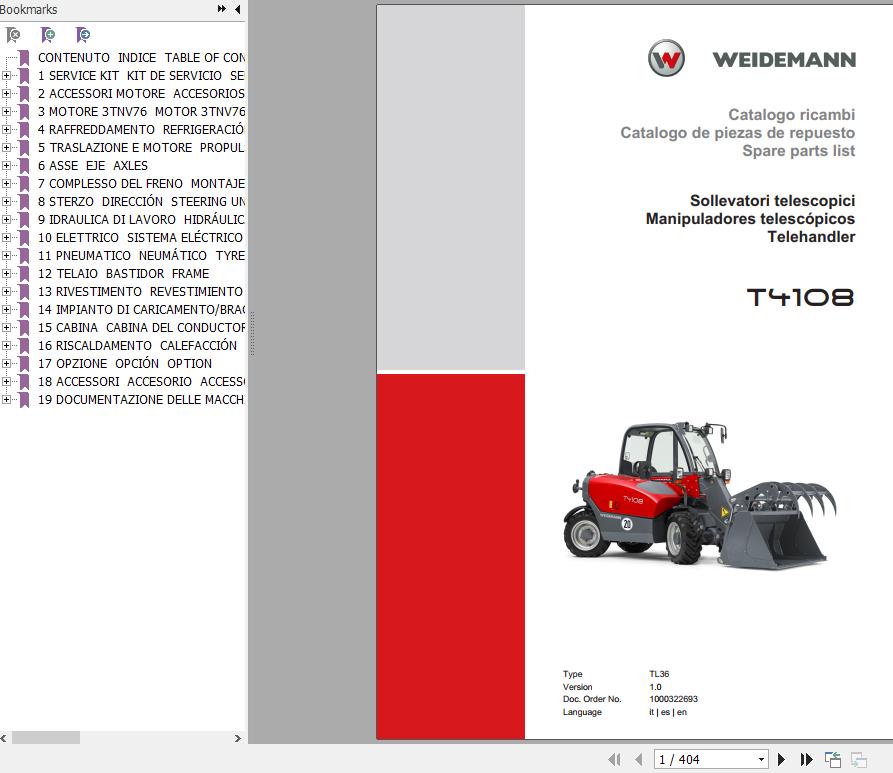 Weidemann Telehandler T4108 TL36 1.0 Spare Parts List ENITES 1