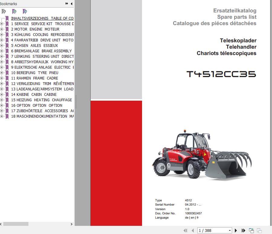 Weidemann Telehandler T4512CC35 4512 1.0 Spare Parts List ENDEFR 1