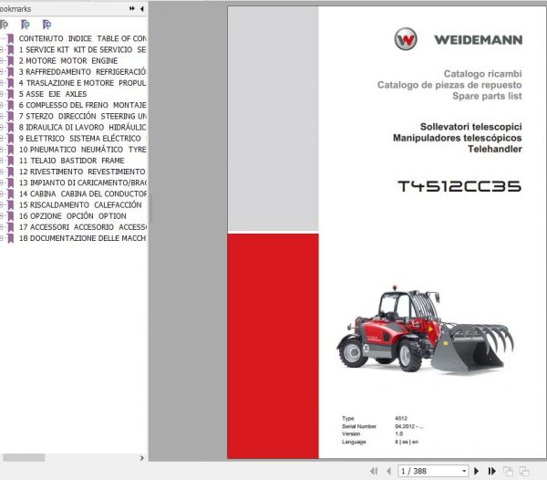 Weidemann Telehandler T4512CC35 4512 1.0 T2 1000278491 Spare Parts List ENITES 1