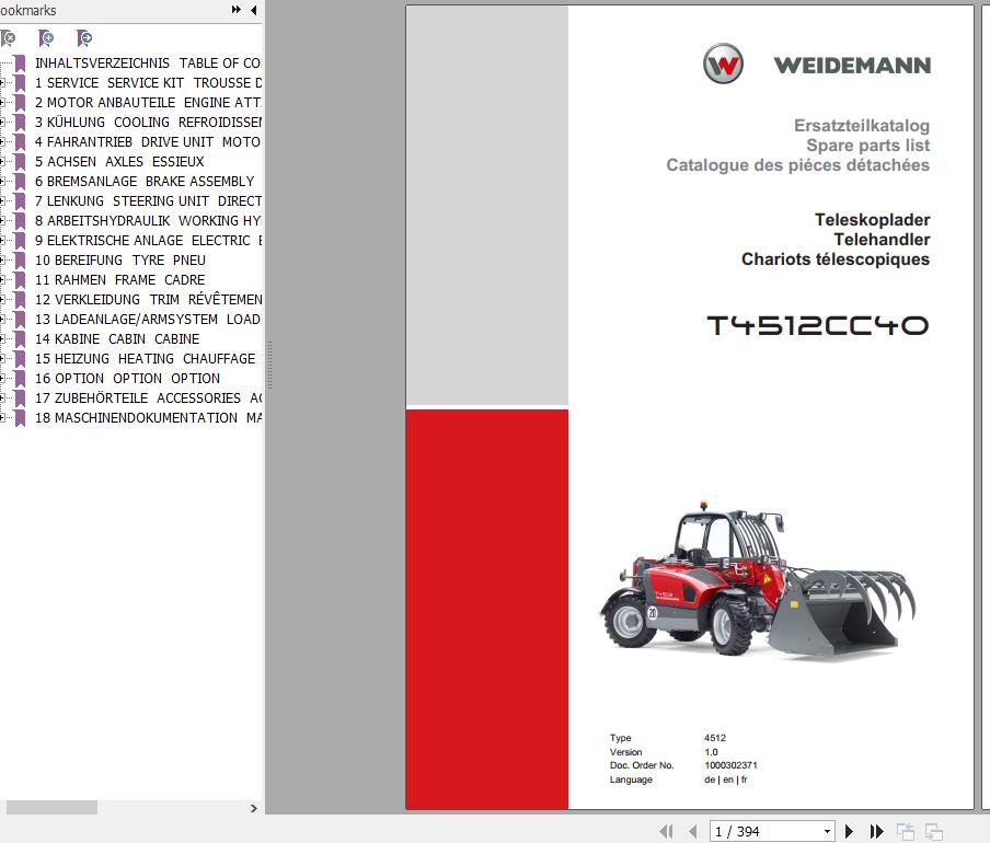 Weidemann Telehandler T4512CC40 4512 1.0 Spare Parts List ENDEFR 1