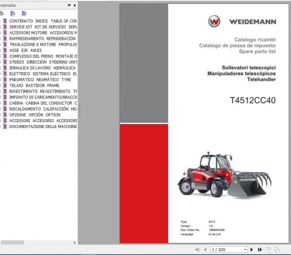 Weidemann Telehandler T4512CC40 4512 1.0 Spare Parts List ENITES 1